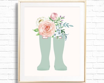 Florals in Mint Wellies Art Print - Printable Floral Rain Boots 8x10 Spring Home Decor - Spring Boots with Flowers Wall Sign - APR2021