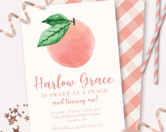 Peach Birthday Invitation - Printable Sweet As A Peach 1st Birthday Party Invite - Customizable First Birthday Instant Download - 0006