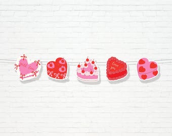 Coquette Cake Garland - Printable Pink Vintage Heart Shaped Cake Birthday Party Banner - Birthday Party Decor - 0182