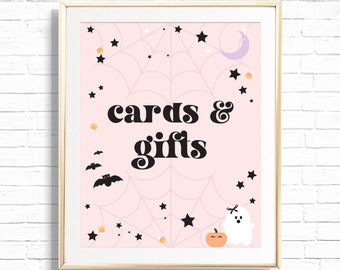 Halloween Cards & Gifts Sign - Printable Pink Halloween Girl Birthday Party Gift Table Decor - Spooktacular Cute Ghost Art Print - 0049