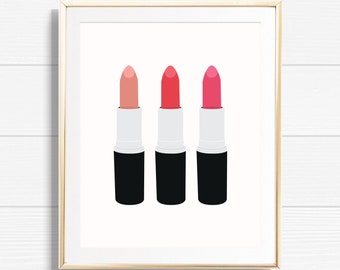 Pink Lipstick Art Print - Printable Set of 3 Pink Lipstick Quote Beauty & Makeup Home Decor - Chic Office Fashion Gallery Wall Decor - BMG