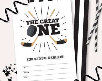 May include: Black and white hockey-themed birthday party invitation with the text "The Great One" and crossed hockey sticks. The invitation has space to fill in the details for the party.