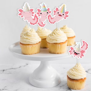 Axolotl Cupcake Toppers - Printable Cute Pink Axolotl salamander with party hats Birthday Party Decor - Customizable Underwater tags - 0134