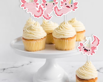 Décoration pour cupcakes Axolotl - jolie salamandre rose axolotl à imprimer avec chapeaux de fête décoration de fête d'anniversaire - étiquettes sous-marines personnalisables - 0134