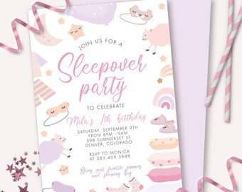 Sleepover Party Invitation - Printable Pink Slumber Party Girls Spa Birthday Invite - Customizable Sheep Sleep Mask Theme Decoration - 0145