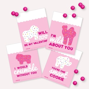 Peut inclure: Quatre cartes roses de Saint-Valentin avec des formes d'animaux et du texte ludique. Les cartes présentent un zèbre, un chameau, un hippopotame et un éléphant, chacun décoré de paillettes colorées. Le texte comprend des phrases comme "Veux-tu être mon Valentin ?".