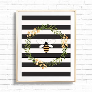 Honey Bee in Wreathe with Black & White Stripes Pattern Art Print - Printable Sweet As Can Bee Nursery Decor - Wall Sign Home Decor - 0031