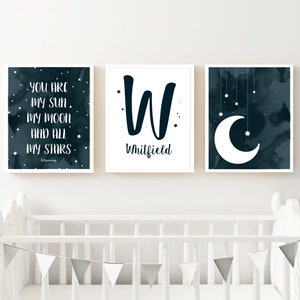 Moon & Stars Nursery Art Print Set - Printable Personalized Set of 3 Celestial Wall Decor - Monogram Baby Shower Gift -Instant Download