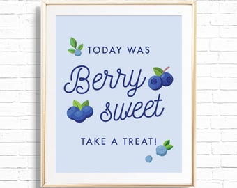 Blueberry Treats Sign - Printable Blueberry & Flowers First Birthday Party Treat Table Decor - Personalized Berry Sweet Art Print - 0204