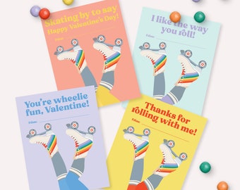Roller Skates Valentine's Day Cards - Printable Retro Rainbow Roller Skating Classroom Valentines Gift - Cookie Card Puns