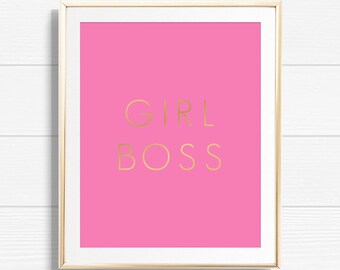 Gold Hot Pink Girl Boss Art Print - Printable Boss Quote - Beauty & Makeup Vanity Home Decor - Chic Office Fashion Gallery Wall Sign - BMG