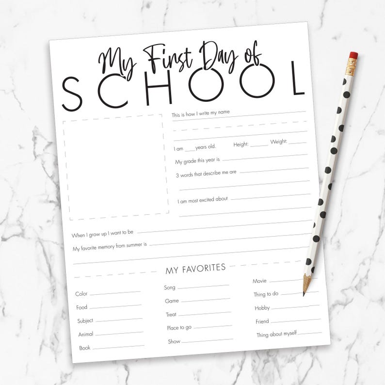 May include: A printable first day of school questionnaire for kids. The questionnaire asks for information such as age, height, weight, grade, favorite things, and more.