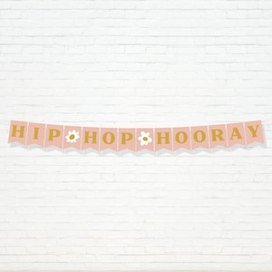 May include: Pink banner with gold letters spelling "HIP HOP HOORAY" with white daisies between the words.