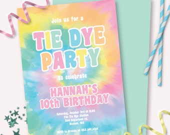 Tie Dye Invitation - Printable Boho Peace Love Happy Birthday Party Invite - Customizable Hippie 60's 70 Festival - 0086