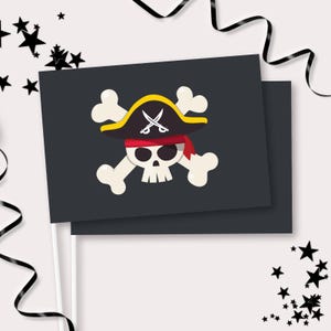 Bandera pirata con calavera - Banderín imprimible con diseño de calavera y hueso cruzado para primer cumpleaños - Decoración para fiesta con mapa del tesoro Ahoy Matey - 0079
