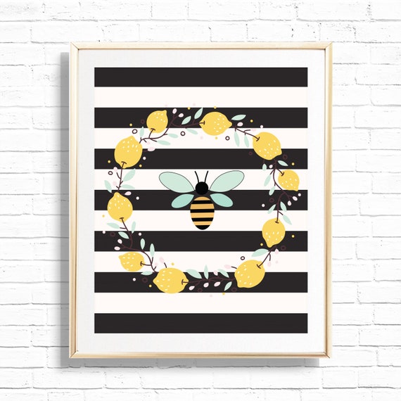 Honey Bee & Lemon Nursery Home Decor Art Print Printable Citrus