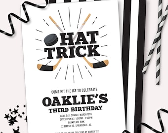 Hockey 3e verjaardagsuitnodiging: hattrick feestdecor (afdrukbare pdf)