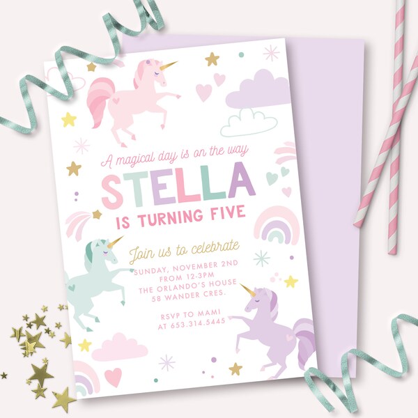 Unicorn Birthday Invitation - Printable Magical Pastel Rainbow Unicorn Party Invite - Customizable Whimsical Fairytale Celebration - 0044