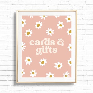 Daisy Cards & Gifts Sign - Printable Boho Daisies Birthday Party Decor - Personalized Flower Power 70&#39;s Art Print - 0010