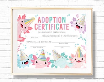 Axolotl Certification of Adoption - Printable Adopt a Pet Birthday Party Art Print - Pink under the water salamander Animal Decor  - 0134