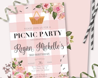 Picnic Birthday Invitation - Printable BBQ Picnic Basket Party Floral & Gingham Invite - Customizable Summer Teddy Bear Picnic - 0025