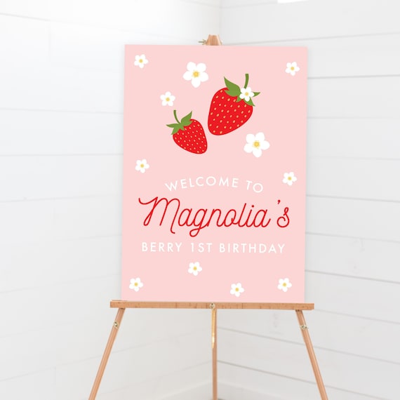 Strawberry Welcome Sign - Printable Berry First 1st Birthday Party Decor - Personalized Berry Sweet Strawberry Daisy Theme Art Print - 0013 Il_570xn
