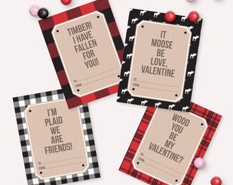 Valentine's Day Lumberjack Cards - Printable Buffalo Plaid Kids Classroom Valentines Gift - Valentine puns DIY Tag - Instant - Cookie Card