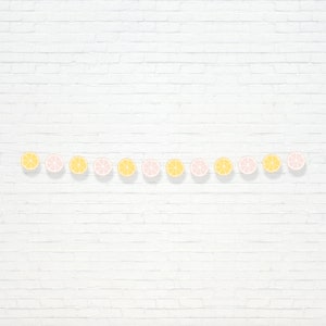 Puede incluir: Una pared de ladrillo blanco con una guirnalda de rodajas de limón amarillas y rosas.