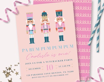 Nutcracker Birthday Invitation - Printable Pink Christmas Ballet First Birthday Party Invite - Customizable Land of Sweets 1st Decor - 0066