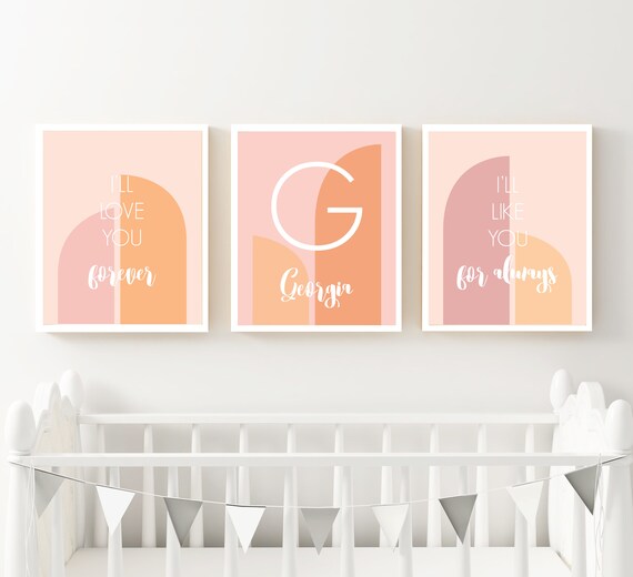 Modern Pink & Peach Graphic Elements Nursery Art Print Set - Printable Personalized I'll Love You Forever I'll Like You For Always Decor Il_570xn