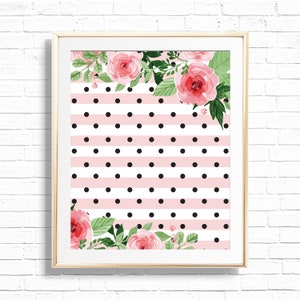White & Pink Stripes with Black Polka Dot and Floral Pattern Art Print - Printable  inspired Nursery Decor - Wall Sign Home Decor