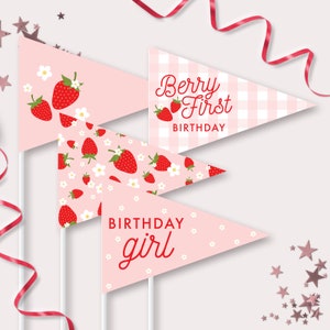 Bandierine a forma di fragola - Decorazione centrotavola stampabile per la festa del primo compleanno con tema "Berry Sweet Table" - Accessorio fotografico "Boho Daisy" - 0013