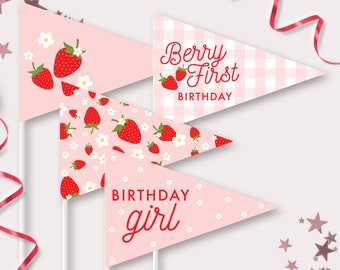 Strawberry Pennant Flags - Printable Very Berry First Birthday Party Centerpeice Decoration - Berry Sweet Table Photo Prop- Boho Daisy- 0013