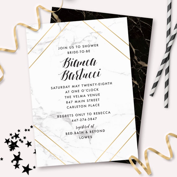 White Marble & Gold Geometric Bridal Shower Party Invitation - Printable Black Marble Wedding Shower Invite - Instant Download - WMG1 Il_570xn