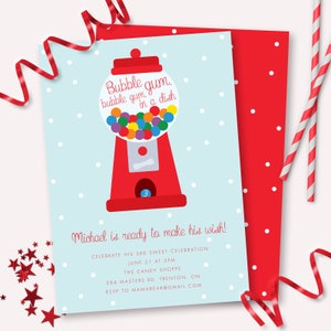 Gum Ball Machine Invitation - Printable Classic Bubble Gum Themed Birthday Party Invite - Customizable Chewing Candy Shop Instant - 0011