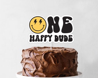 One Happy Dude Cake Topper - druckbares Lächeln Gesicht 1. Geburtstag Party Dekor - Lightening Bolt One Cool Dude - Hipster 90er Hippie Dekor, 0111