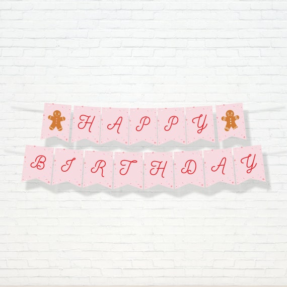 Christmas Birthday Banner - Printable Gingerbread Man Happy Birthday Bunting Banner - Oh Snap Pink Christmas 1st Birthday Decor - 0064 Il_570xn