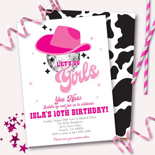 Invitación de vaquera disco - invitación de fiesta de cumpleaños de sombrero de vaquero de bola de discoteca imprimible - decoración personalizable de Hot Pink Space Let's Go Girls - 0088