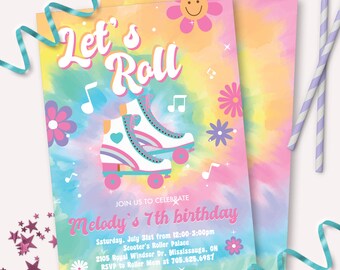 Roller Skating Invitation - PrintableLet's Roll Tie Dye Roller Skate  Birthday Party Invite - Neon Glow groovy rainbow 70's rink - 0087