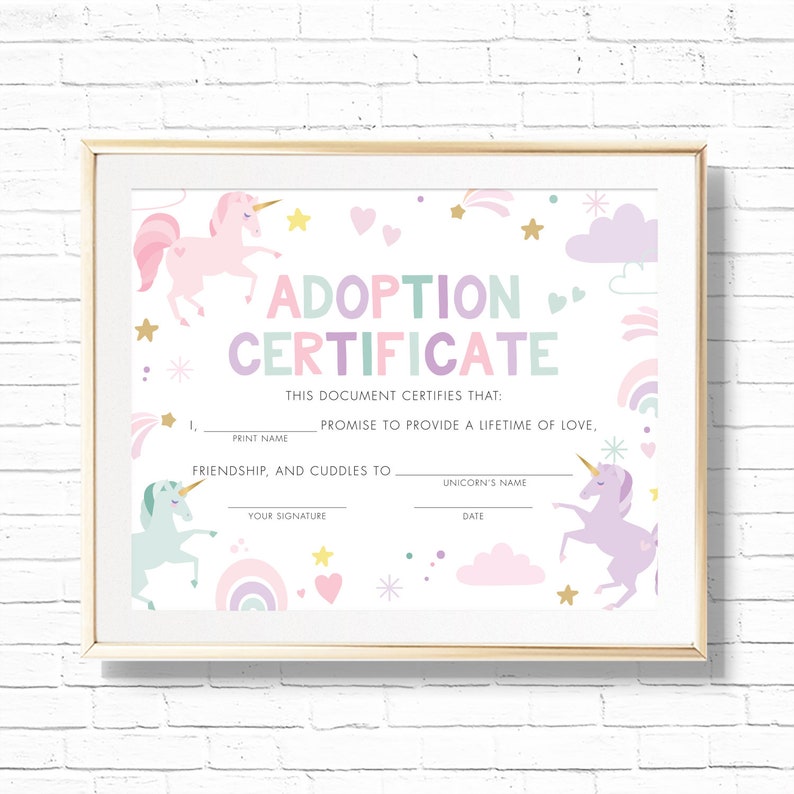 Unicorn Adoption Certificate - Printable 8x10 Rainbow Adopt a Pet ...