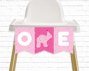 Animal Cookie Highchair Banner - Printable Pink Frosted Animal Cracker 1st Birthday ONE Bunting Banner - Circus Party Animal Decor - 0068