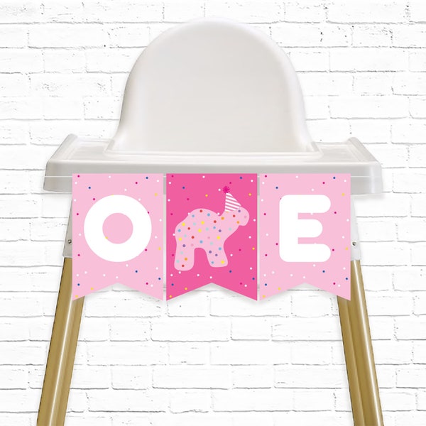 Animal Cookie Highchair Banner - Printable Pink Frosted Animal Cracker 1st Birthday ONE Bunting Banner - Circus Party Animal Decor - 0068