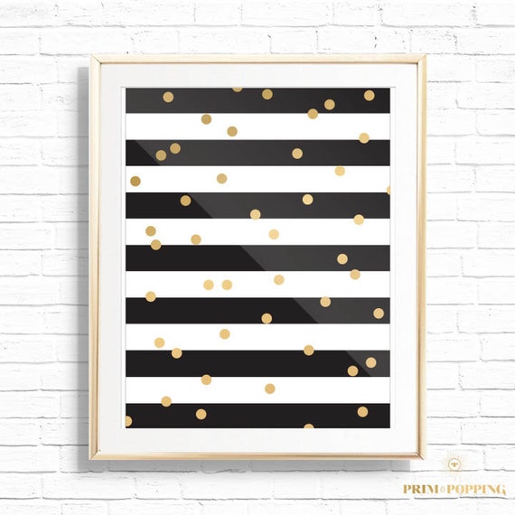 Black & White Stripes with Gold Polka Dot Pattern Art Print - Printable  inspired Nursery Decor - Wall Gallery Sign Home Decor