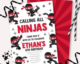 May include: A ninja-themed birthday party invitation with a white background and red accents. The invitation features cartoon ninja illustrations and the text "Calling All Ninjas" in red. Includes details for Ethan's 8th birthday.