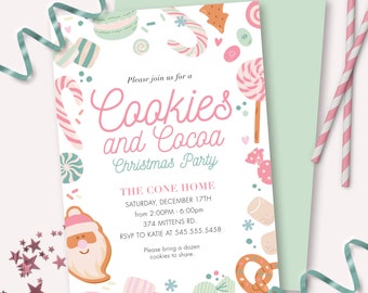 Cookies and Cocoa Invitation - Printable Pink Christmas Holiday Cookie Exchange Party Invite - Customizable Festive Baking Decor - 0160