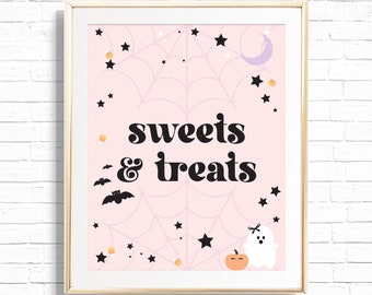 Halloween Sweets & Treats Sign - Printable Pink Halloween Girl Birthday Party Candy Table Decor - Spooktacular Cute Ghost Art Print - 0049