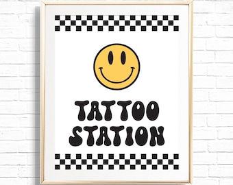 Tattoo Station Sign - Printable One Happy Dude Kids Craft Activity Birthday Party Decor - Smile Happy Face Hippie 90's Art Print - 0111
