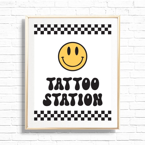 Tattoo Station Sign - Printable One Happy Dude Kids Craft Activity Birthday Party Decor - Smile Happy Face Hippie 90's Art Print - 0111