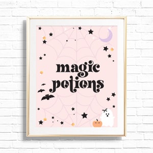 May include: A pink printable Halloween sign with a spiderweb design and the text "magic potions". There are black bats, stars, and a crescent moon on the sign. There is also a pumpkin and a ghost.