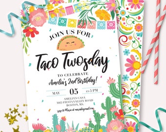 Fiesta Birthday Invitation - Printable Taco Twosday Second 2nd Birthday Party Invite - Customizable Mexican Cinco De Mayo Cactus - 0072